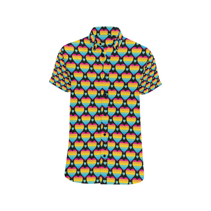 Rainbow Heart Print Pattern Men's Short Sleeve Button Up Shirt