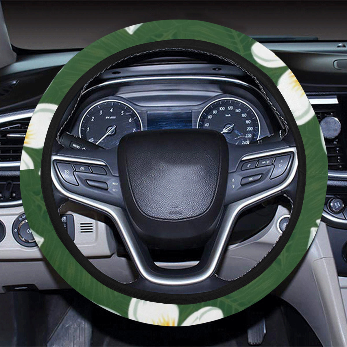 White Plumeria Pattern Print Design PM020 Steering Wheel Cover with Elastic Edge