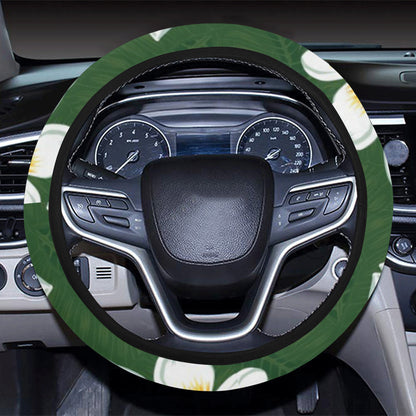 White Plumeria Pattern Print Design PM020 Steering Wheel Cover with Elastic Edge