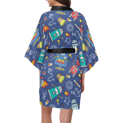 Robot Pattern Print Design A03 Women's Short Kimono