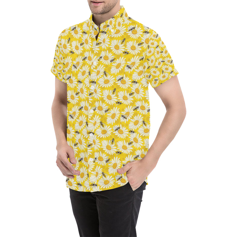 Bee Daisy Pattern Print Design 06 Men's Short Sleeve Button Up Shirt