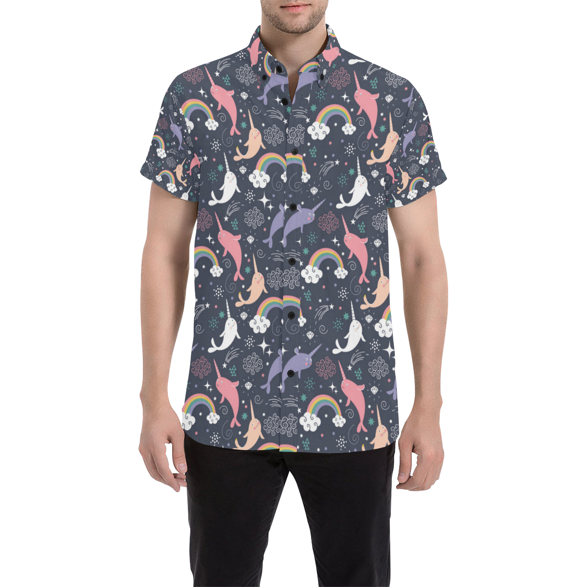Narwhal Pattern Print Design 01 Men's Short Sleeve Button Up Shirt