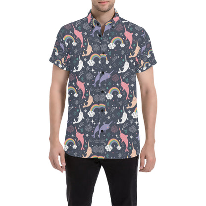 Narwhal Pattern Print Design 01 Men's Short Sleeve Button Up Shirt
