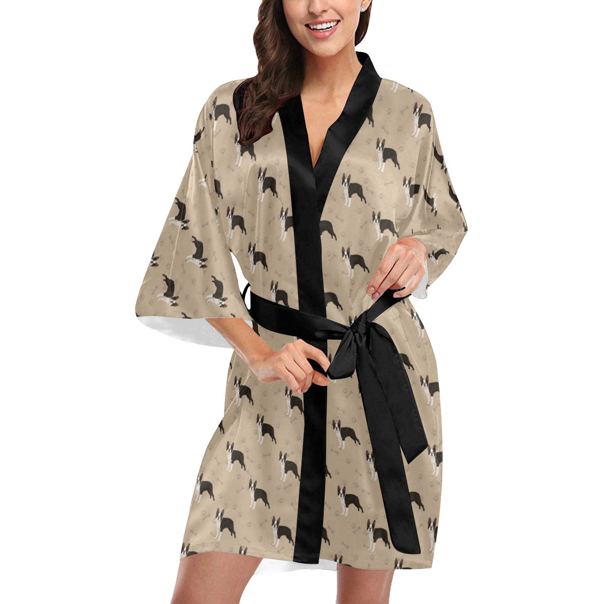 Boston Terrier Pattern Print Design 02 Women's Short Kimono