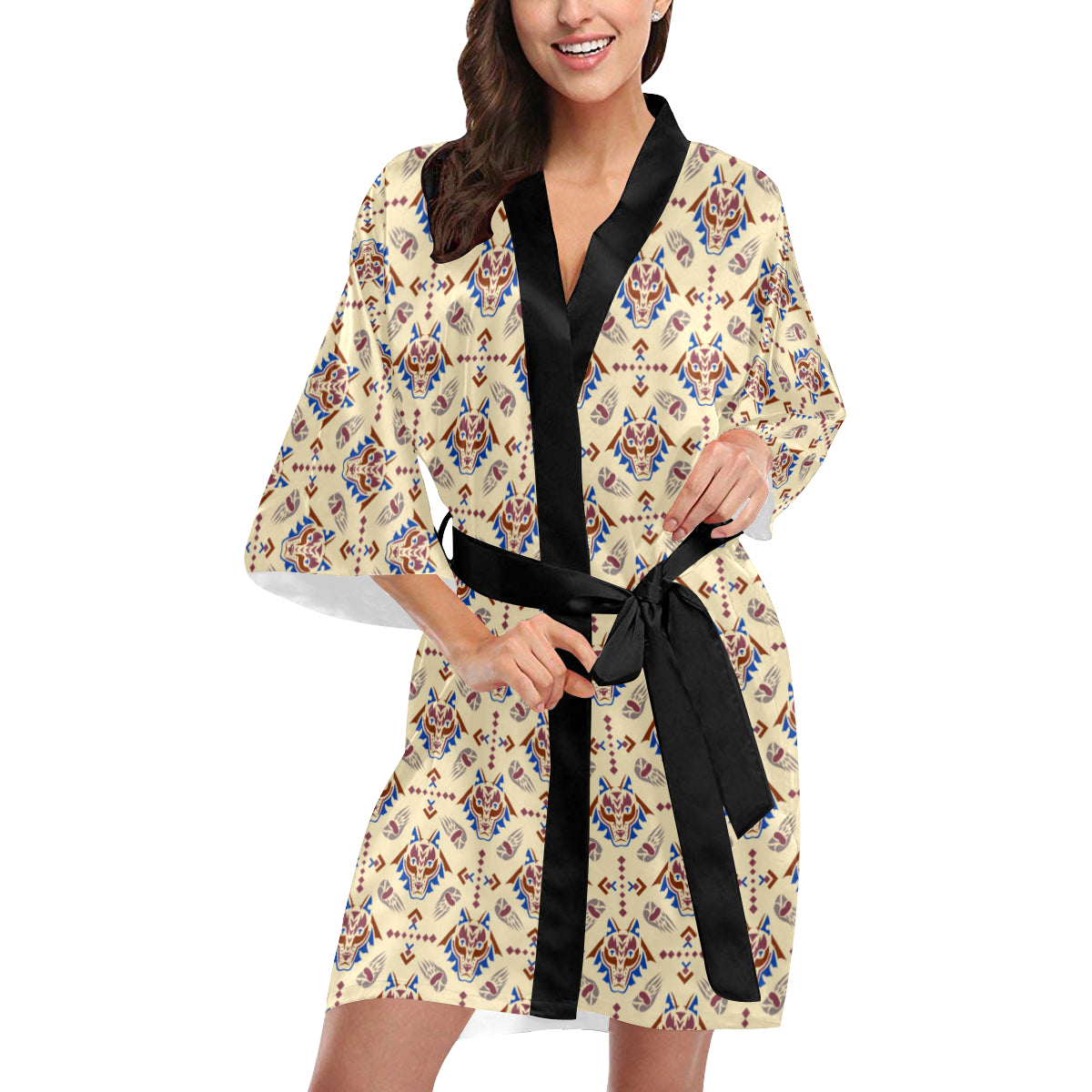 Aztec Wolf Pattern Print Design 03 Women's Short Kimono