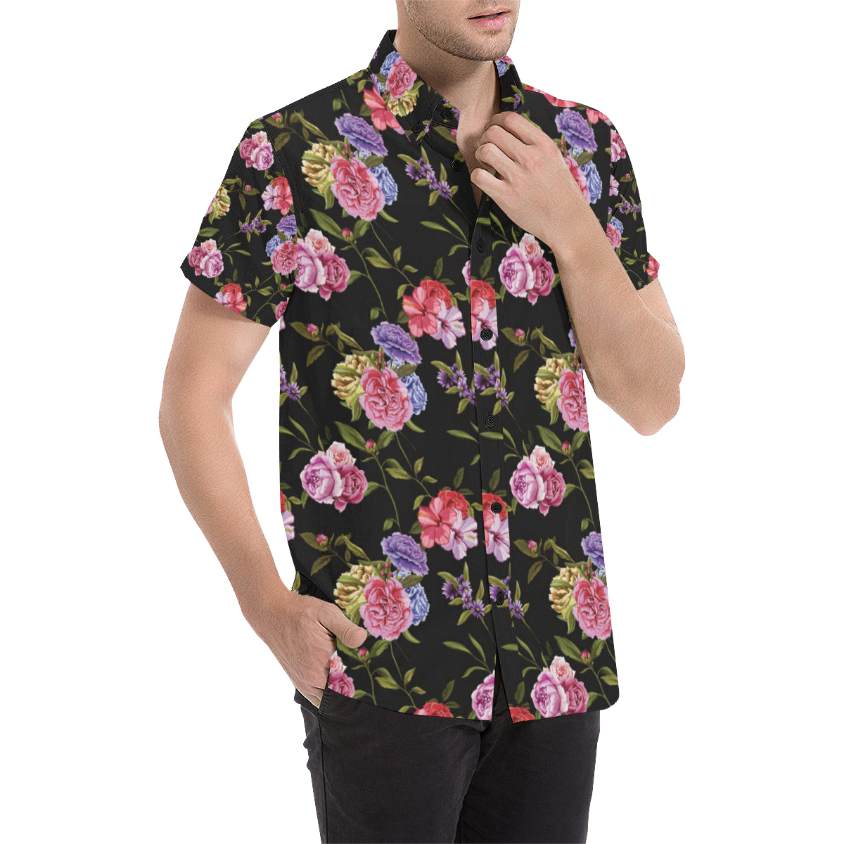 Carnations Pattern Print Design CN05 Men's Short Sleeve Button Up Shirt