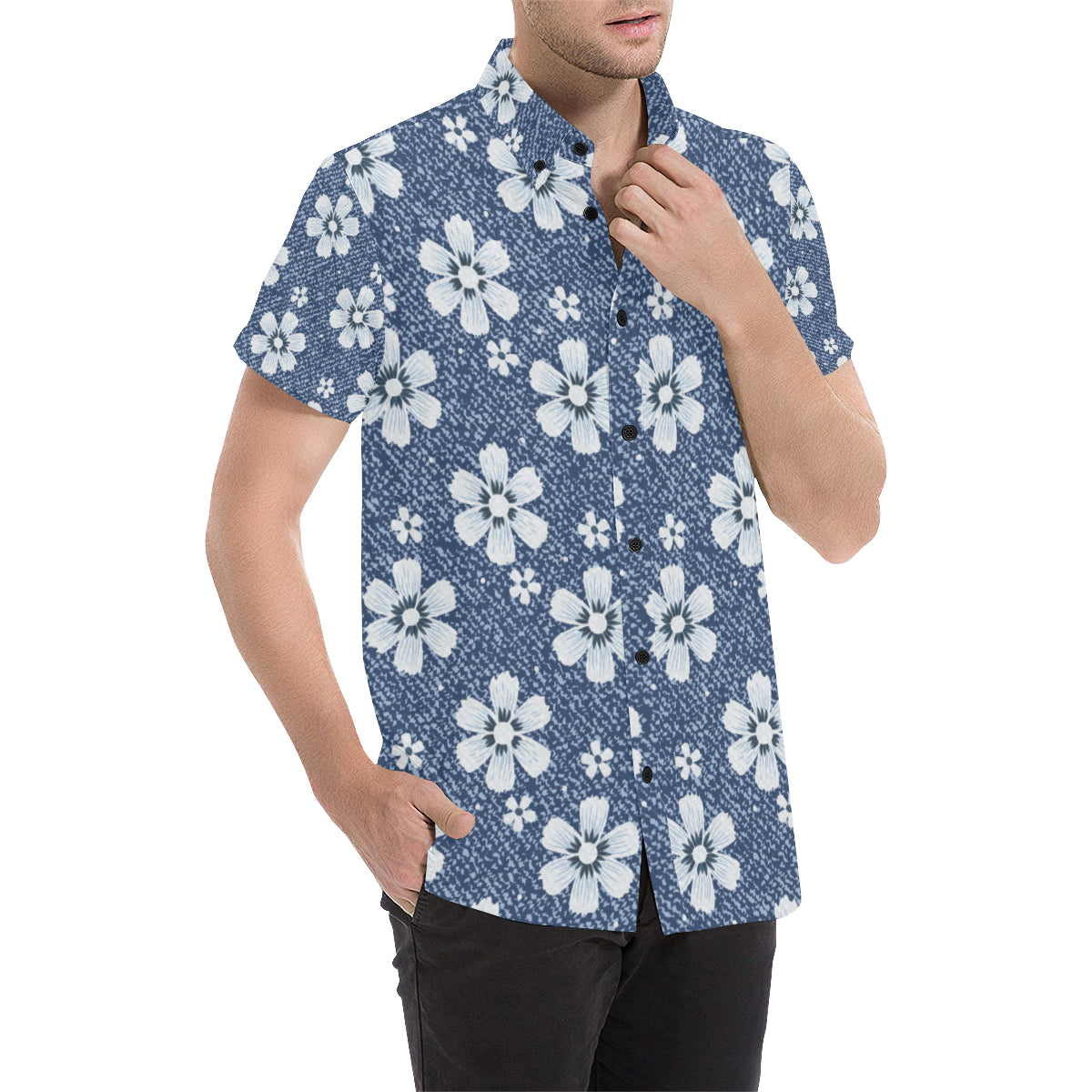 Jean Flower Pattern Print Design 03 Men's Short Sleeve Button Up Shirt