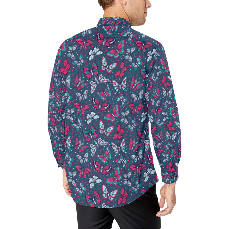 Butterfly Red Deep Blue Print Pattern Men's Long Sleeve Shirt