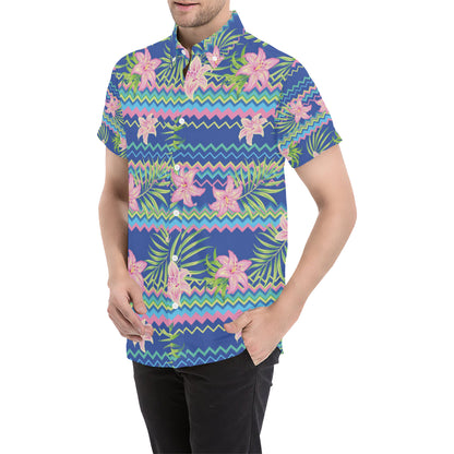 Lily Pattern Print Design LY015 Men's Short Sleeve Button Up Shirt