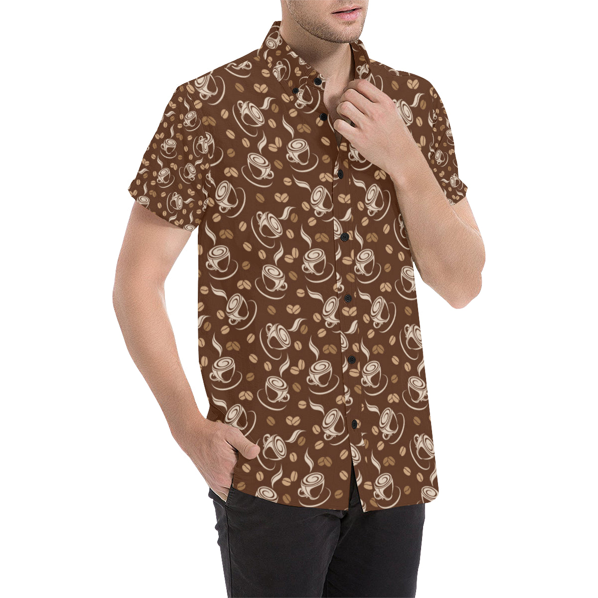 Coffee Pattern Print Design 03 Men's Short Sleeve Button Up Shirt