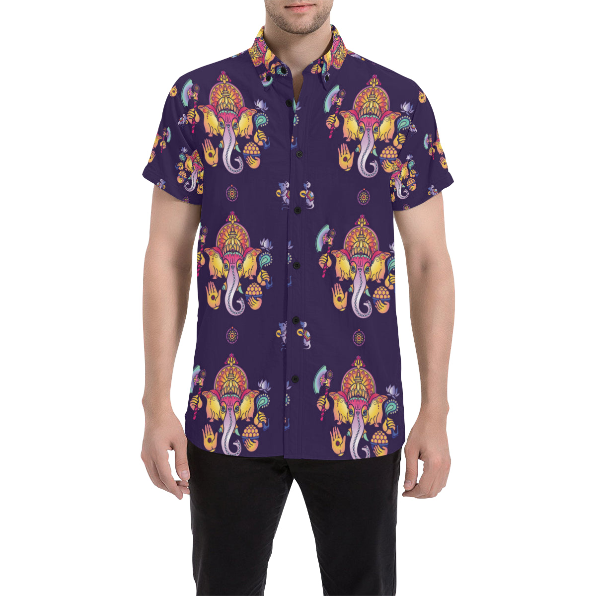 Ganesha Pattern Print Design 04 Men's Short Sleeve Button Up Shirt