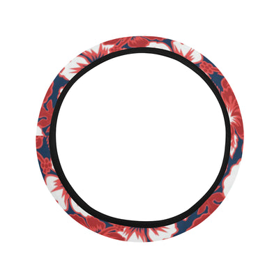 Red Hibiscus Pattern Print Design HB01 Steering Wheel Cover with Elastic Edge