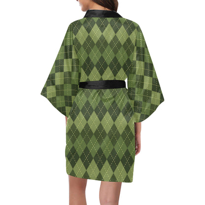 Argyle Green Pattern Print Design 01 Women's Short Kimono