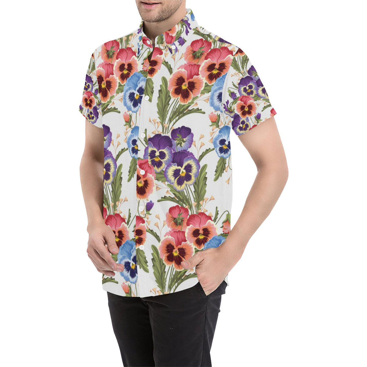 Pansy Pattern Print Design PS06 Men's Short Sleeve Button Up Shirt