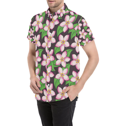 Pink Plumeria Pattern Print Design PM019 Men's Short Sleeve Button Up Shirt
