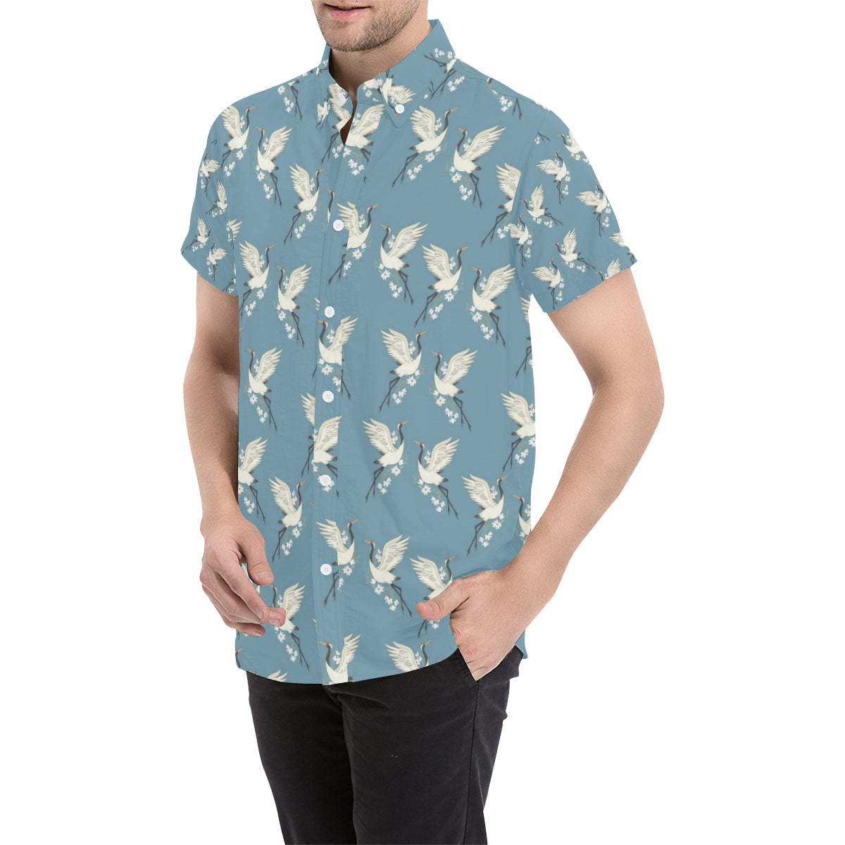 Crane Pattern Print Design 05 Men's Short Sleeve Button Up Shirt