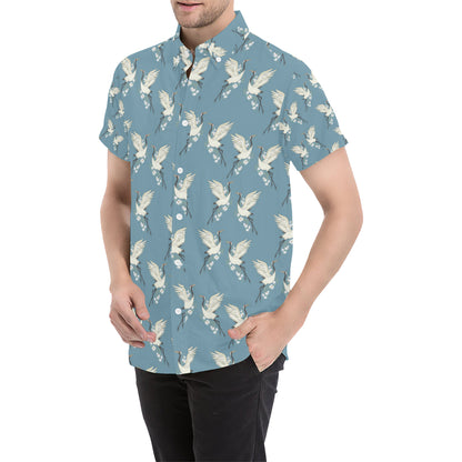Crane Pattern Print Design 05 Men's Short Sleeve Button Up Shirt