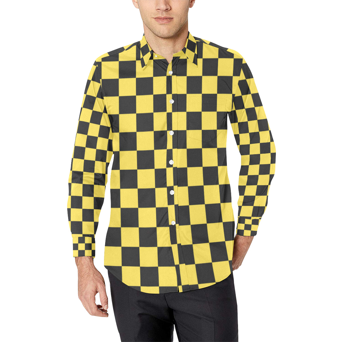 Checkered Yellow Pattern Print Design 03 Men's Long Sleeve Shirt
