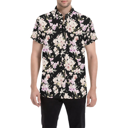 Orchid White Pattern Print Design OR03 Men's Short Sleeve Button Up Shirt