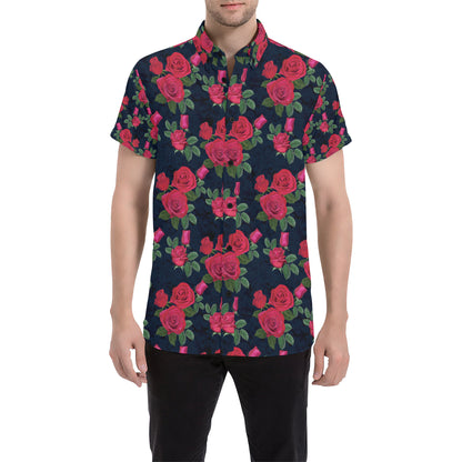 Rose Pattern Print Design A04 Men's Short Sleeve Button Up Shirt
