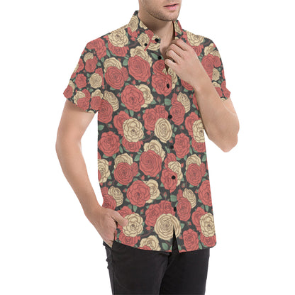 Camellia Pattern Print Design CM01 Men's Short Sleeve Button Up Shirt