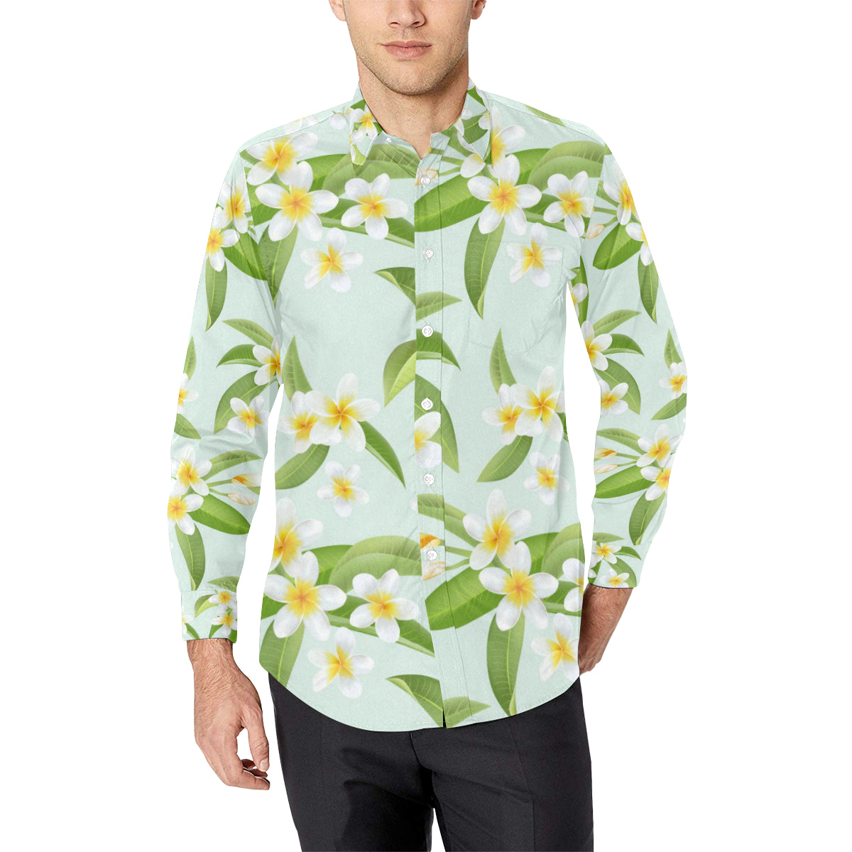 Yellow Plumeria Pattern Print Design PM024 Men's Long Sleeve Shirt