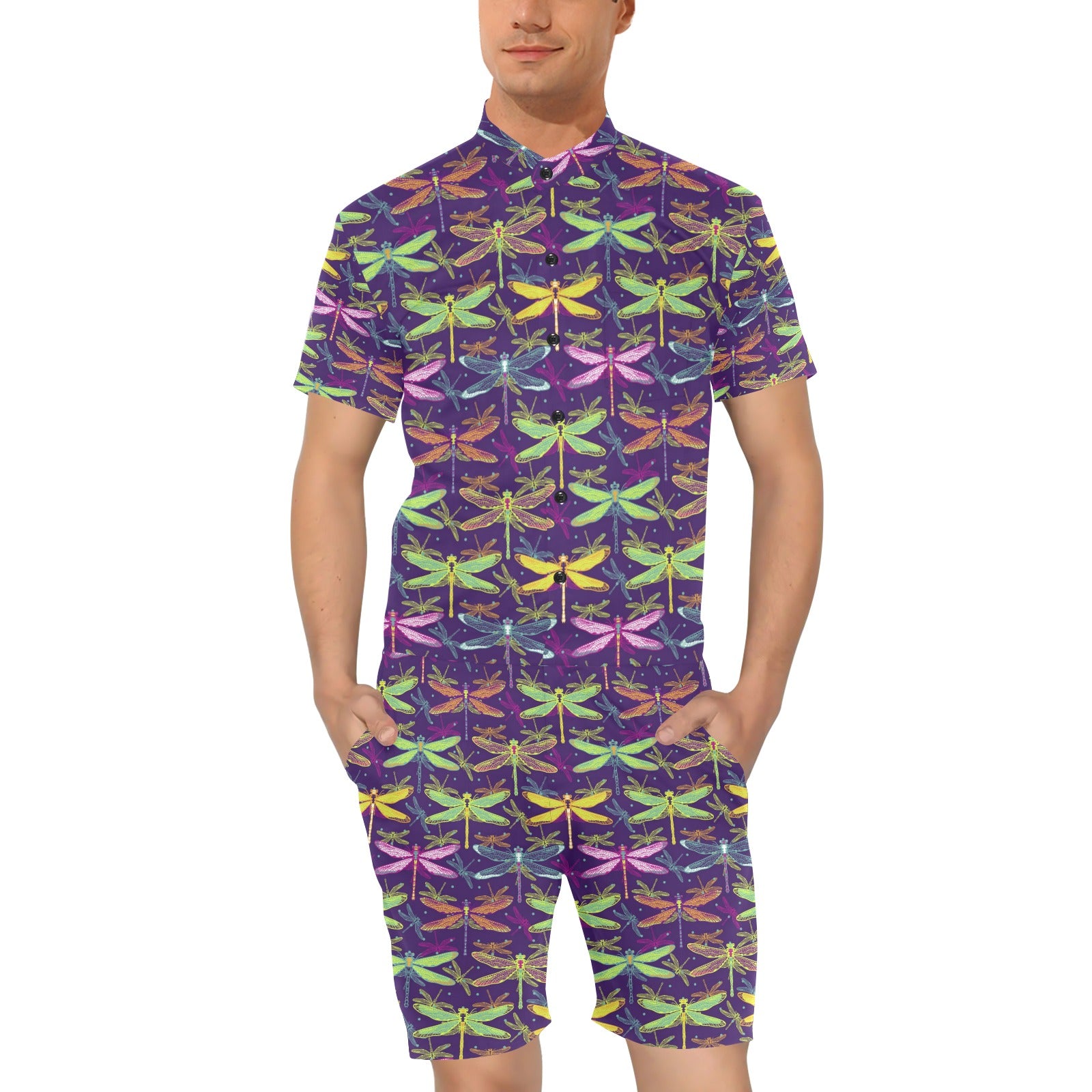 Dragonfly Neon Color Print Pattern Men's Romper