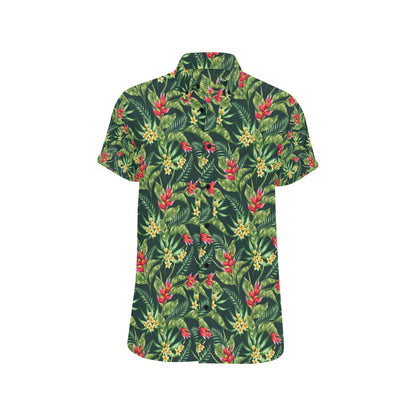 Tropical Folower Red Heliconia Print Men's Short Sleeve Button Up Shirt