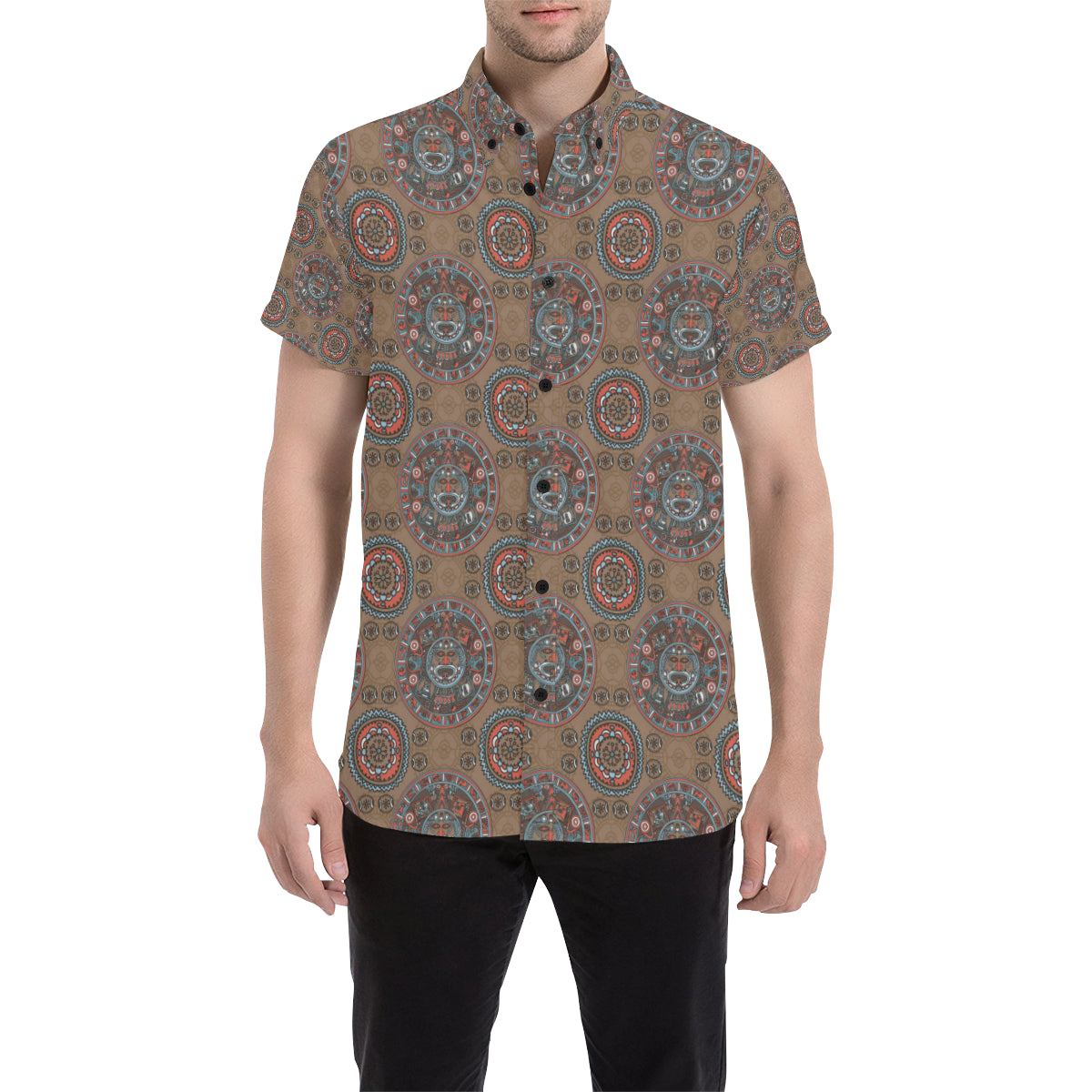 Calendar Aztec Design Print Pattern Men's Short Sleeve Button Up Shirt