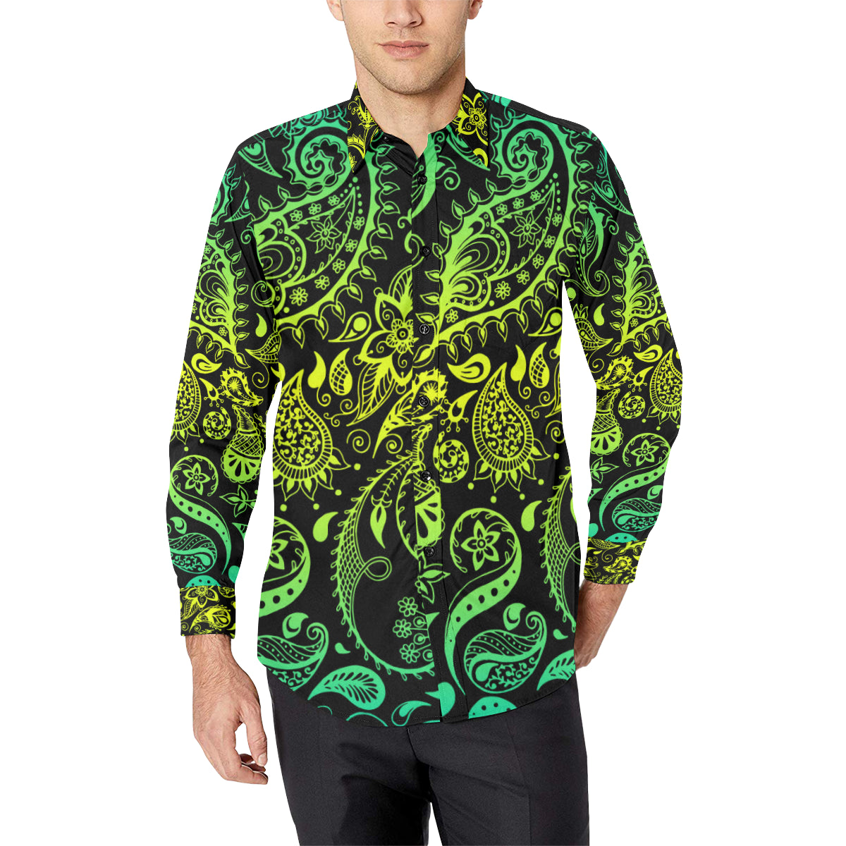 Paisley Green Design Print Men's Long Sleeve Shirt