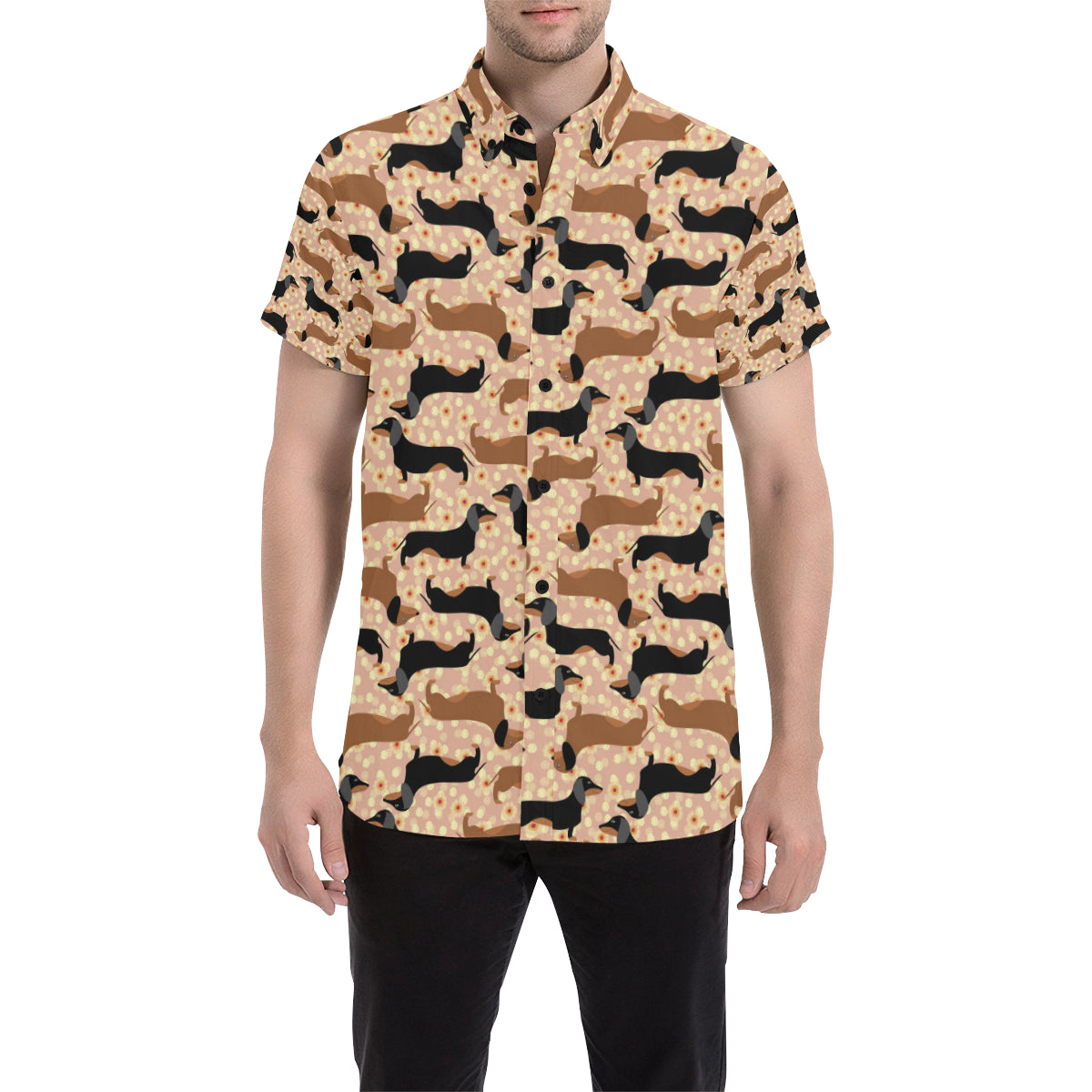 Dachshund Pattern Print Design 011 Men's Short Sleeve Button Up Shirt