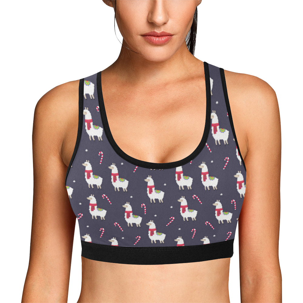 Llama with Candy Cane Themed Print Sports Bra