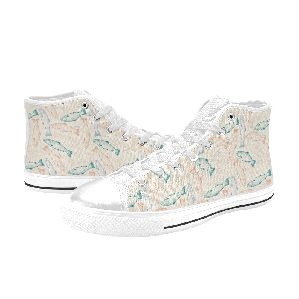 Salmon Fish Print Design LKS305 High Top Women's White Shoes
