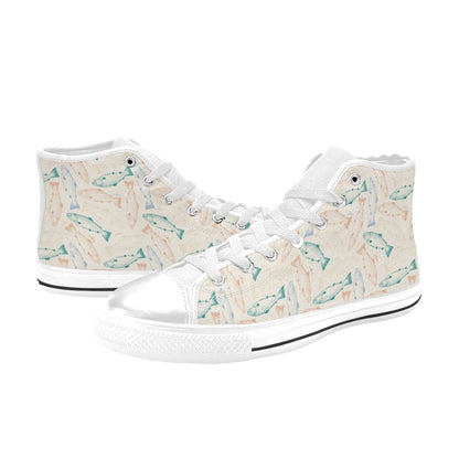 Salmon Fish Print Design LKS305 High Top Women's White Shoes