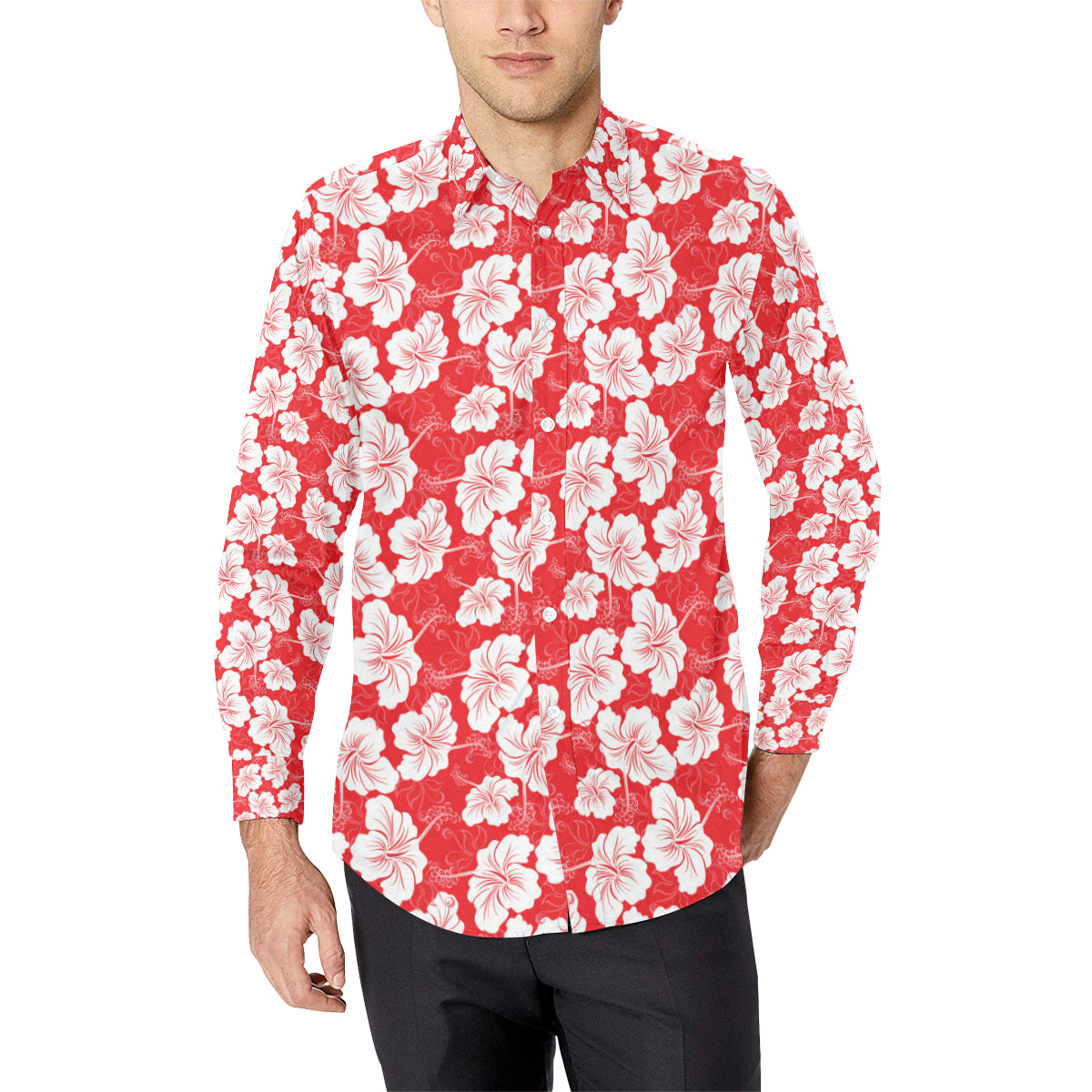 Flower Hawaiian Hibiscus Red Background Print Men's Long Sleeve Shirt