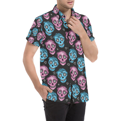 Day of the Dead Skull Print Pattern Men's Short Sleeve Button Up Shirt
