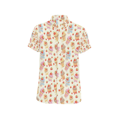 Cupcakes Strawberry Cherry Print Men's Short Sleeve Button Up Shirt