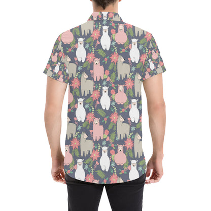 Alpaca Pattern Print Design 03 Men's Short Sleeve Button Up Shirt