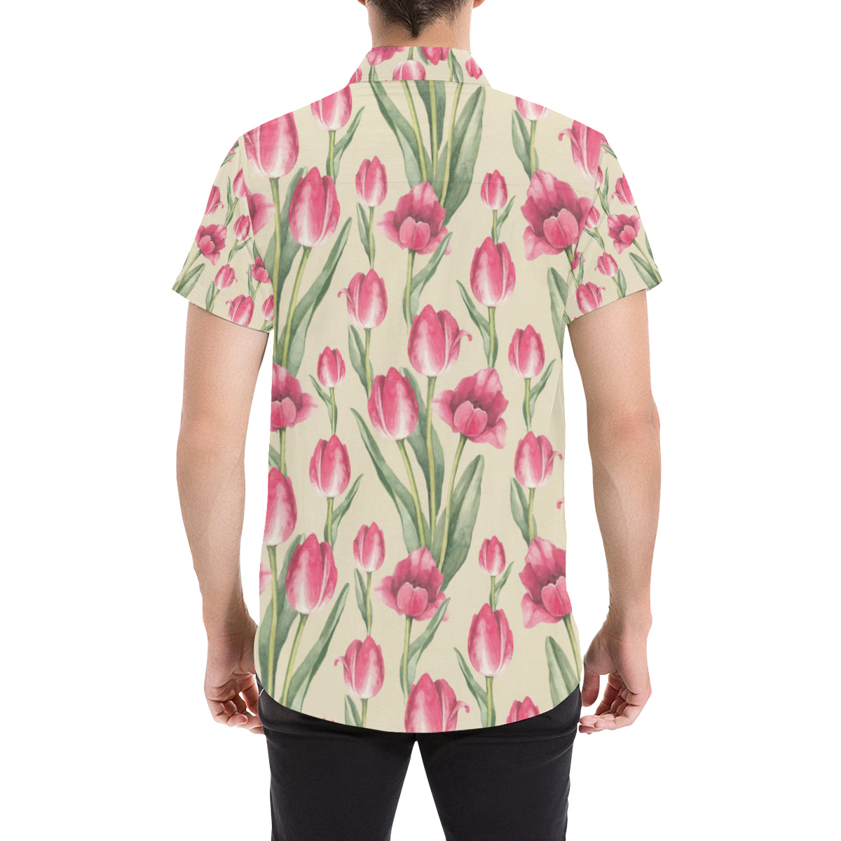 Tulip Pink Pattern Print Design TP06 Men's Short Sleeve Button Up Shirt