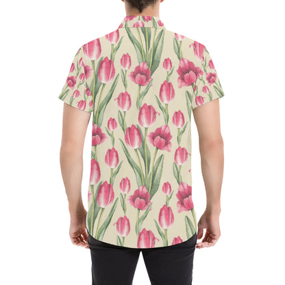 Tulip Pink Pattern Print Design TP06 Men's Short Sleeve Button Up Shirt