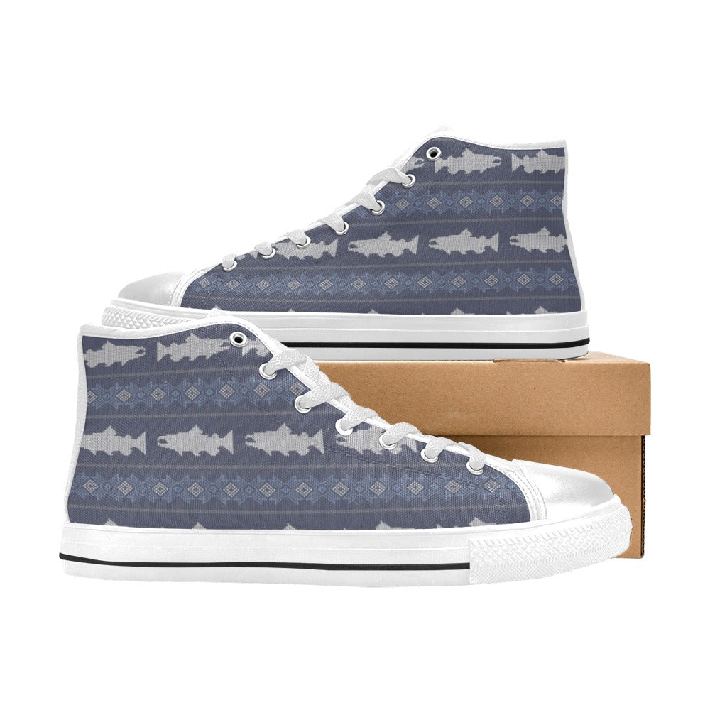 Salmon Fish Knit Style Print Design LKS304 High Top Women's White Shoes