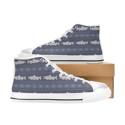 Salmon Fish Knit Style Print Design LKS304 High Top Women's White Shoes