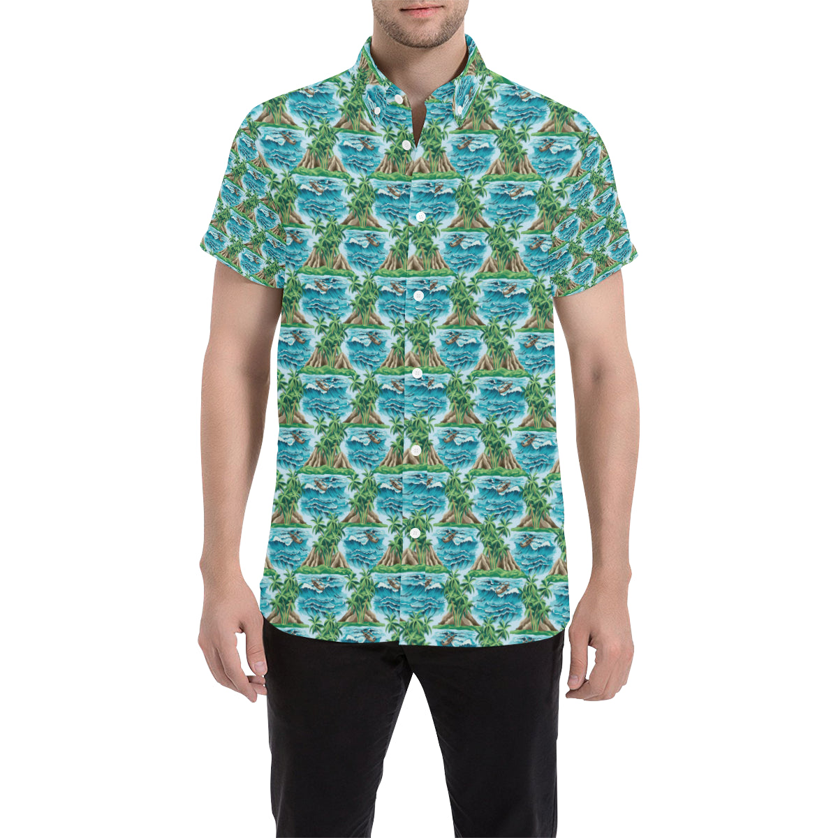 Palm Tree Hawaiian Themed Design Print Men's Short Sleeve Button Up Shirt
