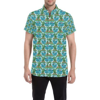 Palm Tree Hawaiian Themed Design Print Men's Short Sleeve Button Up Shirt