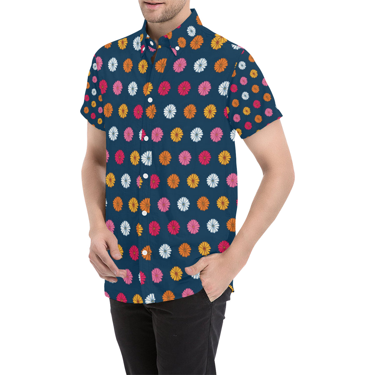 Gerberas Pattern Print Design GB06 Men's Short Sleeve Button Up Shirt
