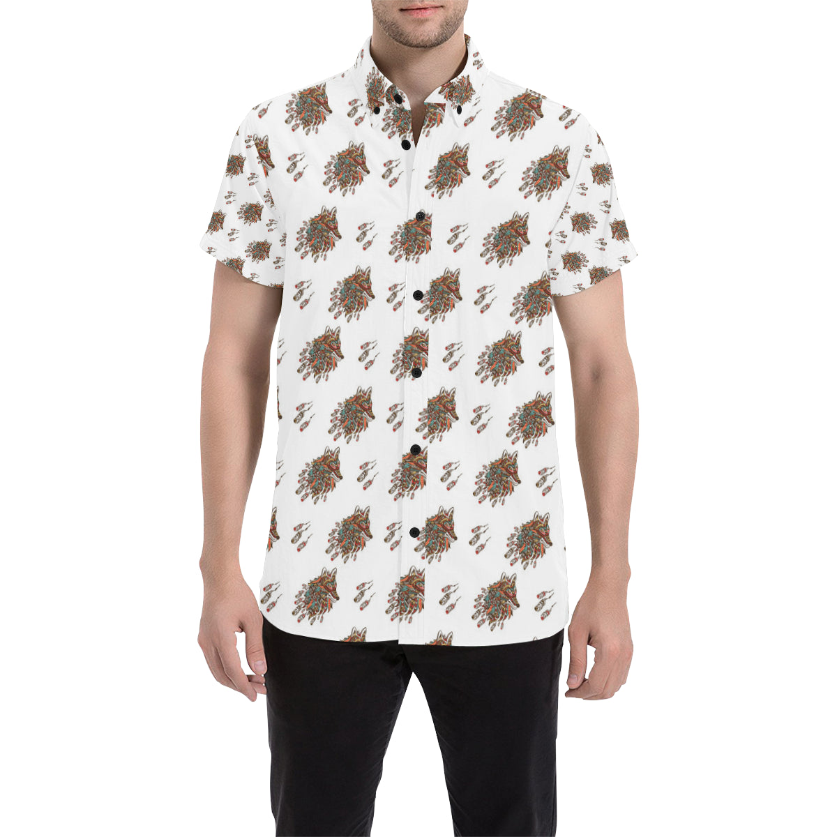Aztec Wolf Pattern Print Design 02 Men's Short Sleeve Button Up Shirt