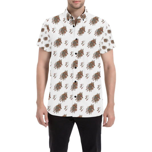 Aztec Wolf Pattern Print Design 02 Men's Short Sleeve Button Up Shirt