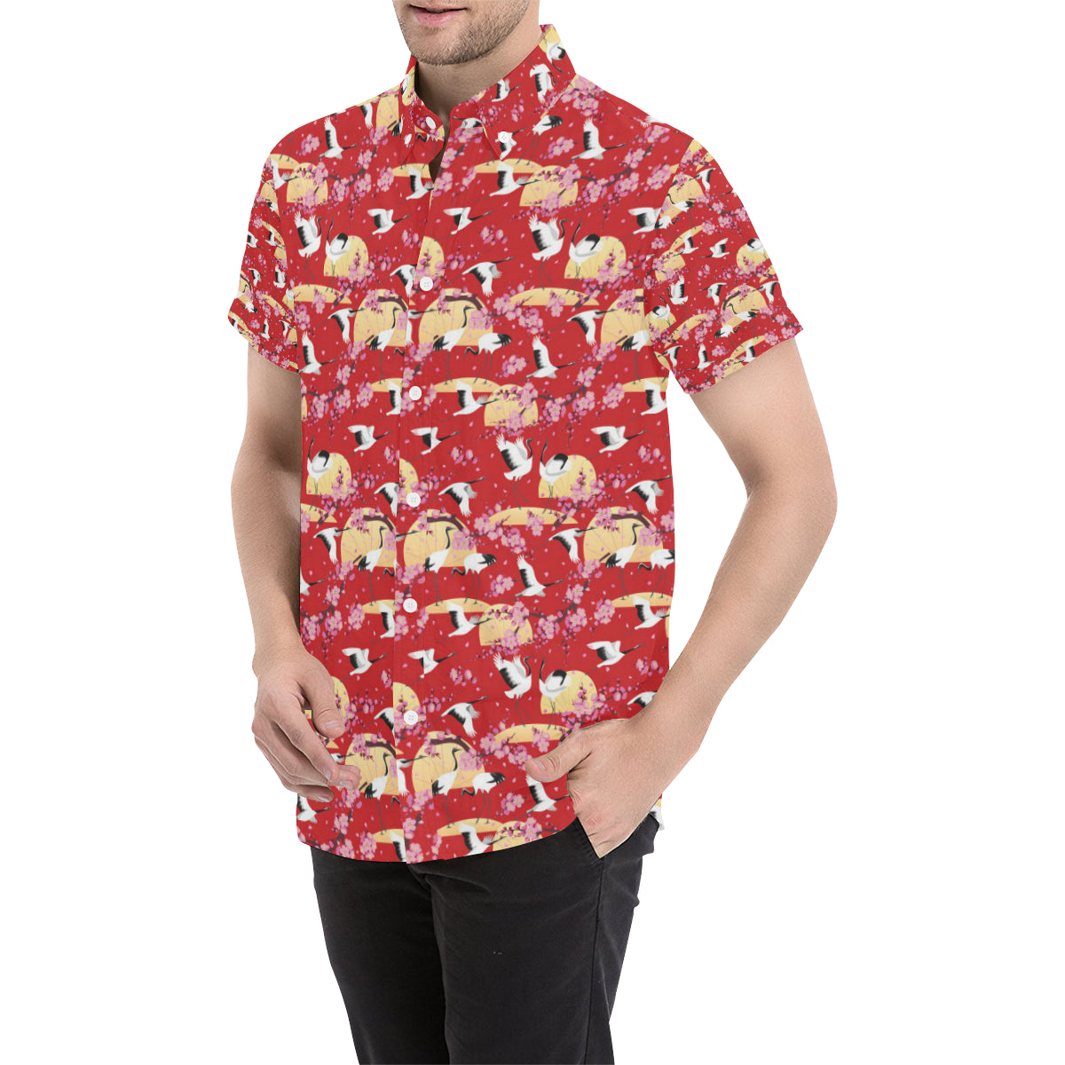 Crane Pattern Print Design 04 Men's Short Sleeve Button Up Shirt