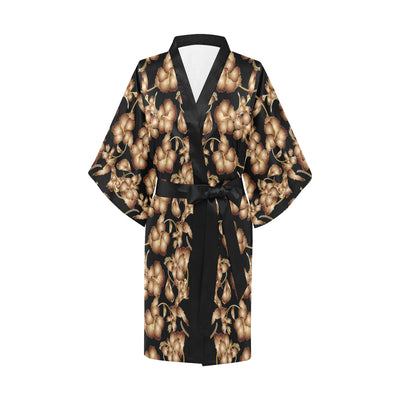 Brown Hibiscus Pattern Print Design HB06 Women Kimono Robe