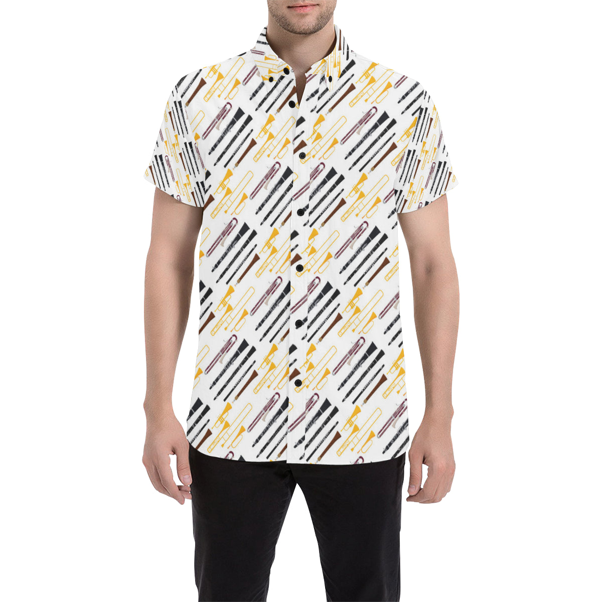 Clarinet Pattern Print Design 01 Men's Short Sleeve Button Up Shirt